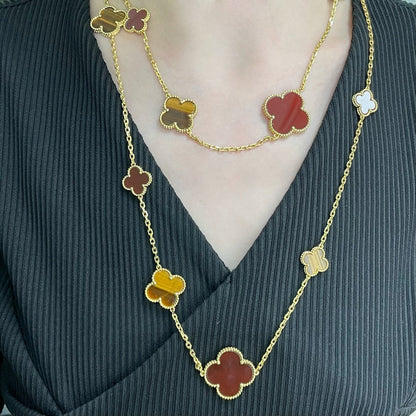 [Elowen Jewels]CLOVER 16 MOTIF CARNELIAN TIGER EYE ROSE GOLD NECKLACE