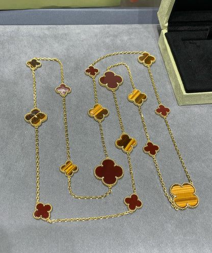 [Elowen Jewels]CLOVER 16 MOTIF CARNELIAN TIGER EYE ROSE GOLD NECKLACE