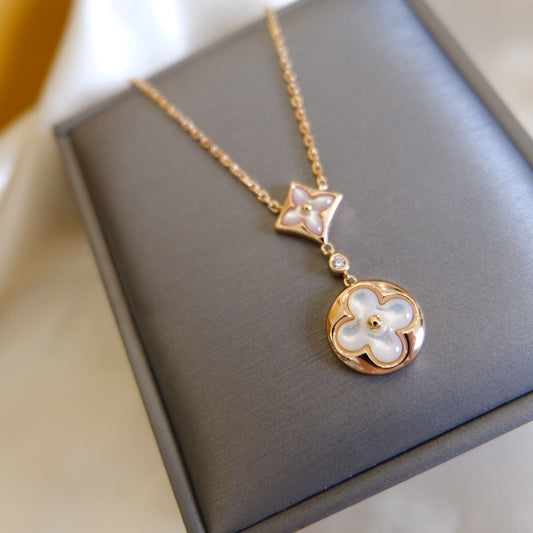 [Elowen Jewels]STAR AND SUN WHITE MOP 2 MOTIF PINK GOLD NECKLACE