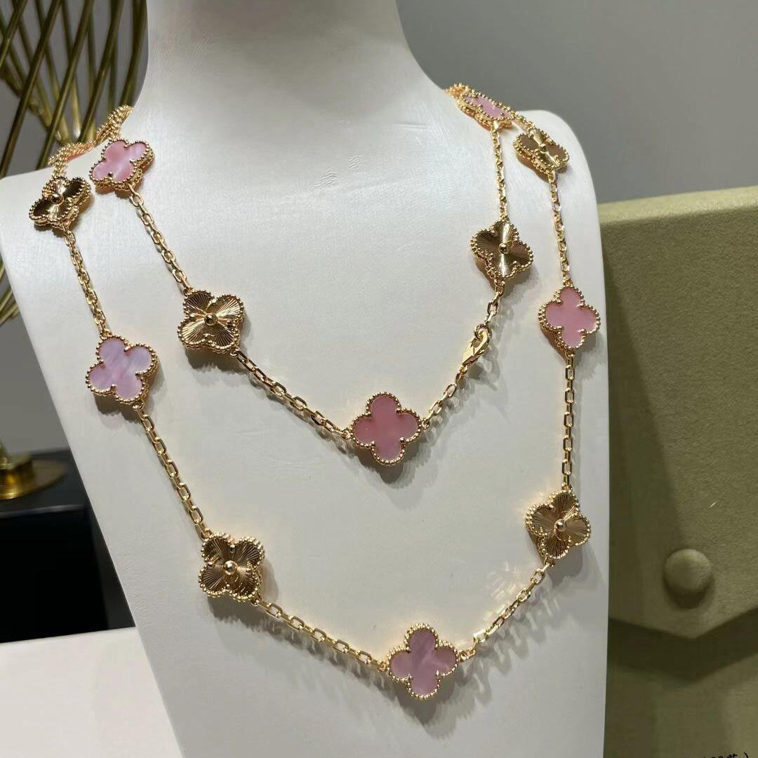 [Elowen Jewels]CLOVER 20 MOTIFS LASER PINK MOP NECKLACE