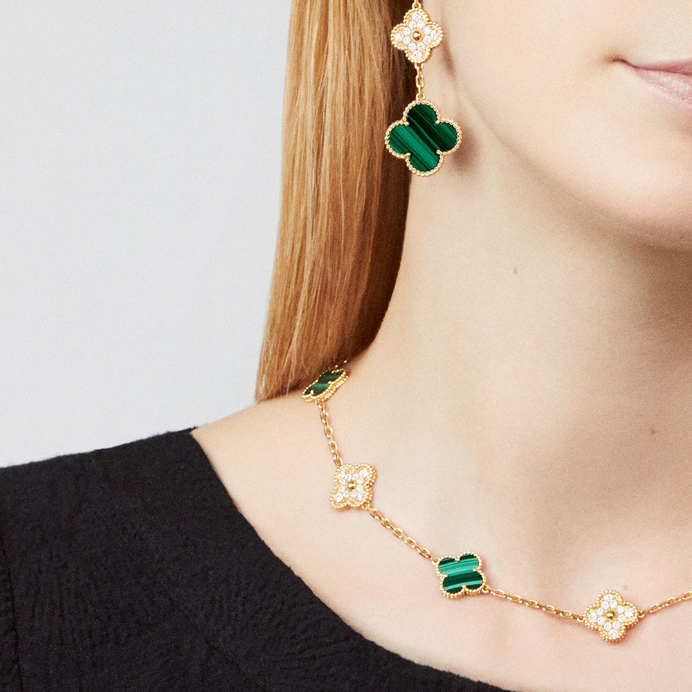 [Elowen Jewels]CLOVER 10 MOTIFS MALACHITE DIAMOND NECKLACE