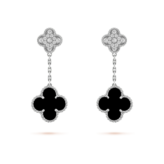 [Elowen Jewels]CLOVER 2 MOTIFS  DIAMOND ONYX EARRINGS SILVER