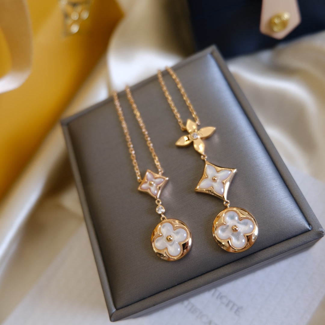 [Elowen Jewels]COLOR BLOSSOM LARIAT NECKLACE PINK GOLD WHITE MOTHER PEARL AND DIAMOND