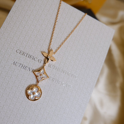 [Elowen Jewels]COLOR BLOSSOM LARIAT NECKLACE PINK GOLD WHITE MOTHER PEARL AND DIAMOND