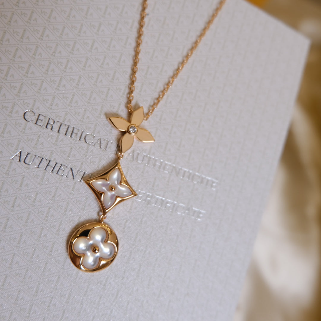 [Elowen Jewels]COLOR BLOSSOM LARIAT NECKLACE PINK GOLD WHITE MOTHER PEARL AND DIAMOND