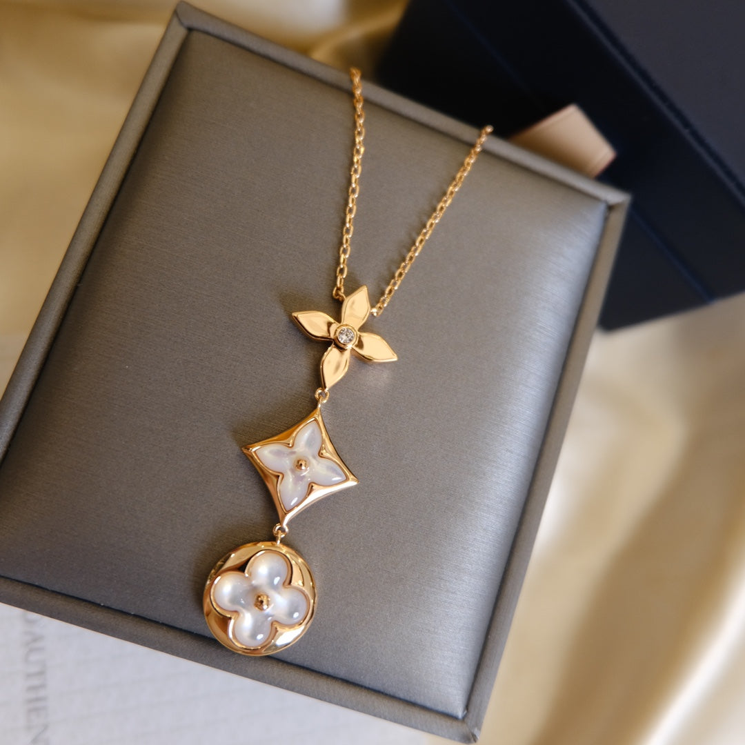 [Elowen Jewels]COLOR BLOSSOM LARIAT NECKLACE PINK GOLD WHITE MOTHER PEARL AND DIAMOND