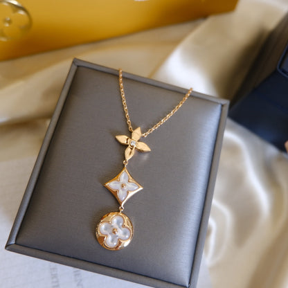 [Elowen Jewels]COLOR BLOSSOM LARIAT NECKLACE PINK GOLD WHITE MOTHER PEARL AND DIAMOND