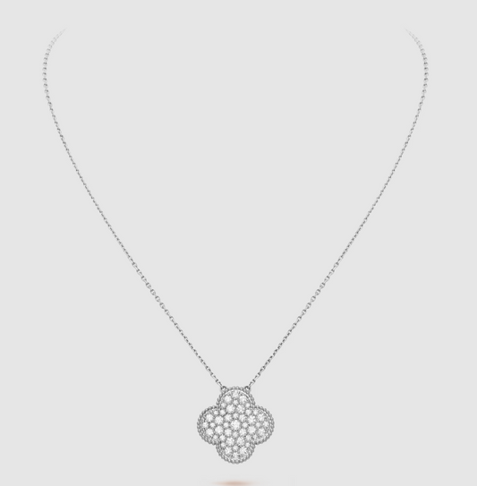[Elowen Jewels]CLOVER 25MM LARGE PENDANT DIAMOND PAVED SILVER NECKLACE