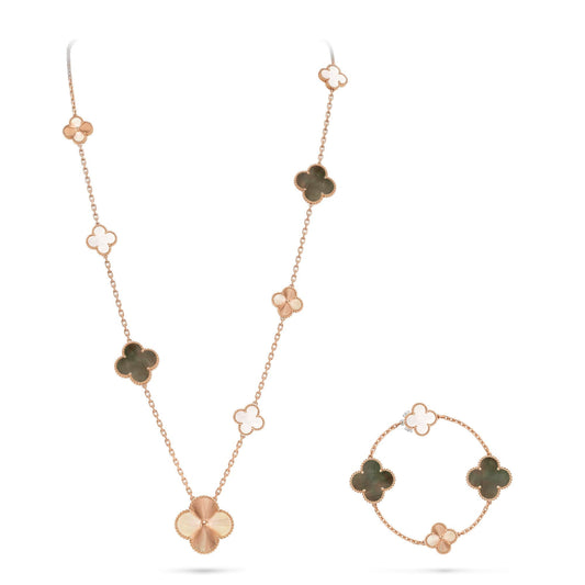 [Elowen Jewels]DETACHABLE CLOVER 15(11+4) FLOWER ROSE GOLD NECKLACE SET