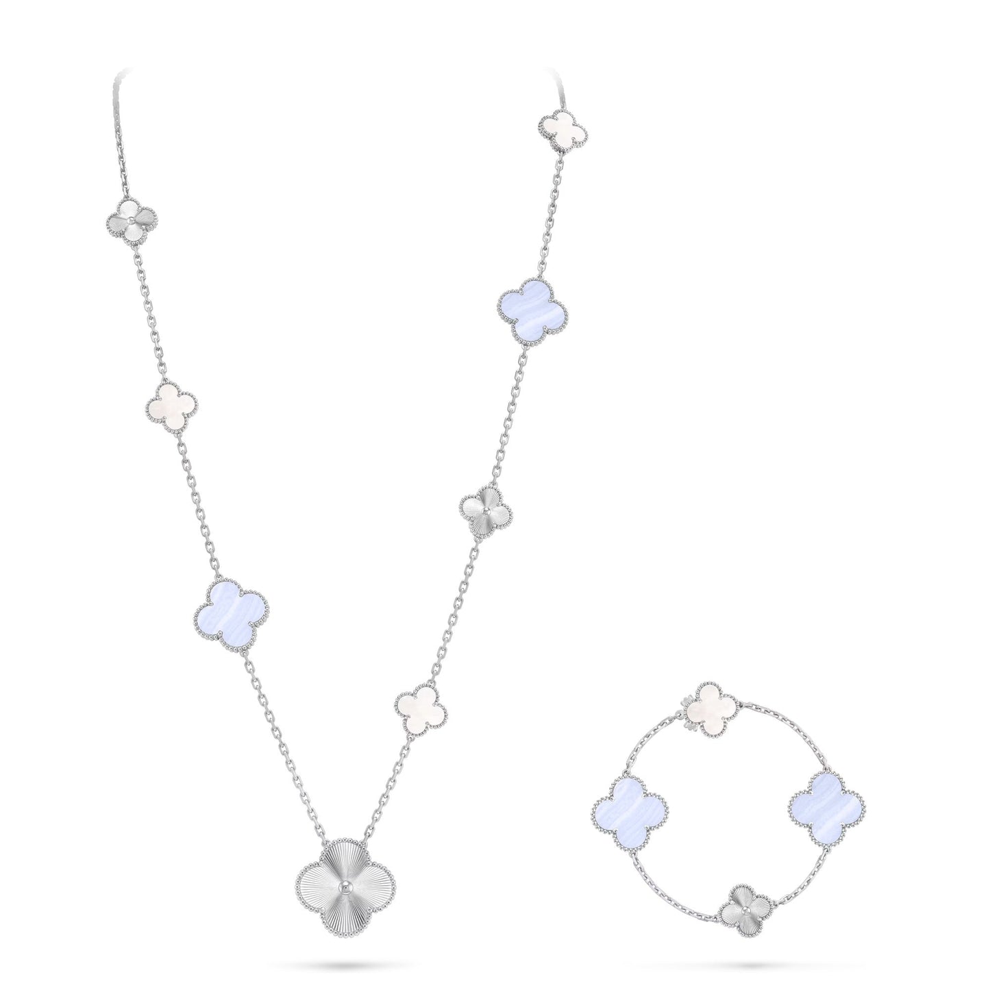 [Elowen Jewels]DETACHABLE CLOVER 15(11+4) FLOWER SILVER NECKLACE SET