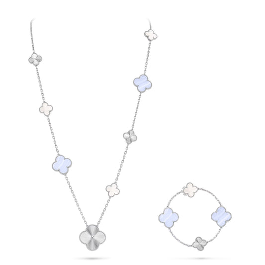 [Elowen Jewels]DETACHABLE CLOVER 15(11+4) FLOWER SILVER NECKLACE SET
