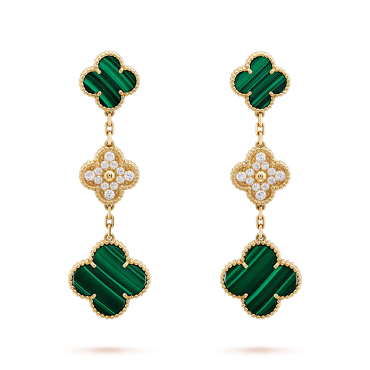 [Elowen Jewels]CLOVER EARRINGS GOLD MALACHITE DIAMOND 3 MOTIF