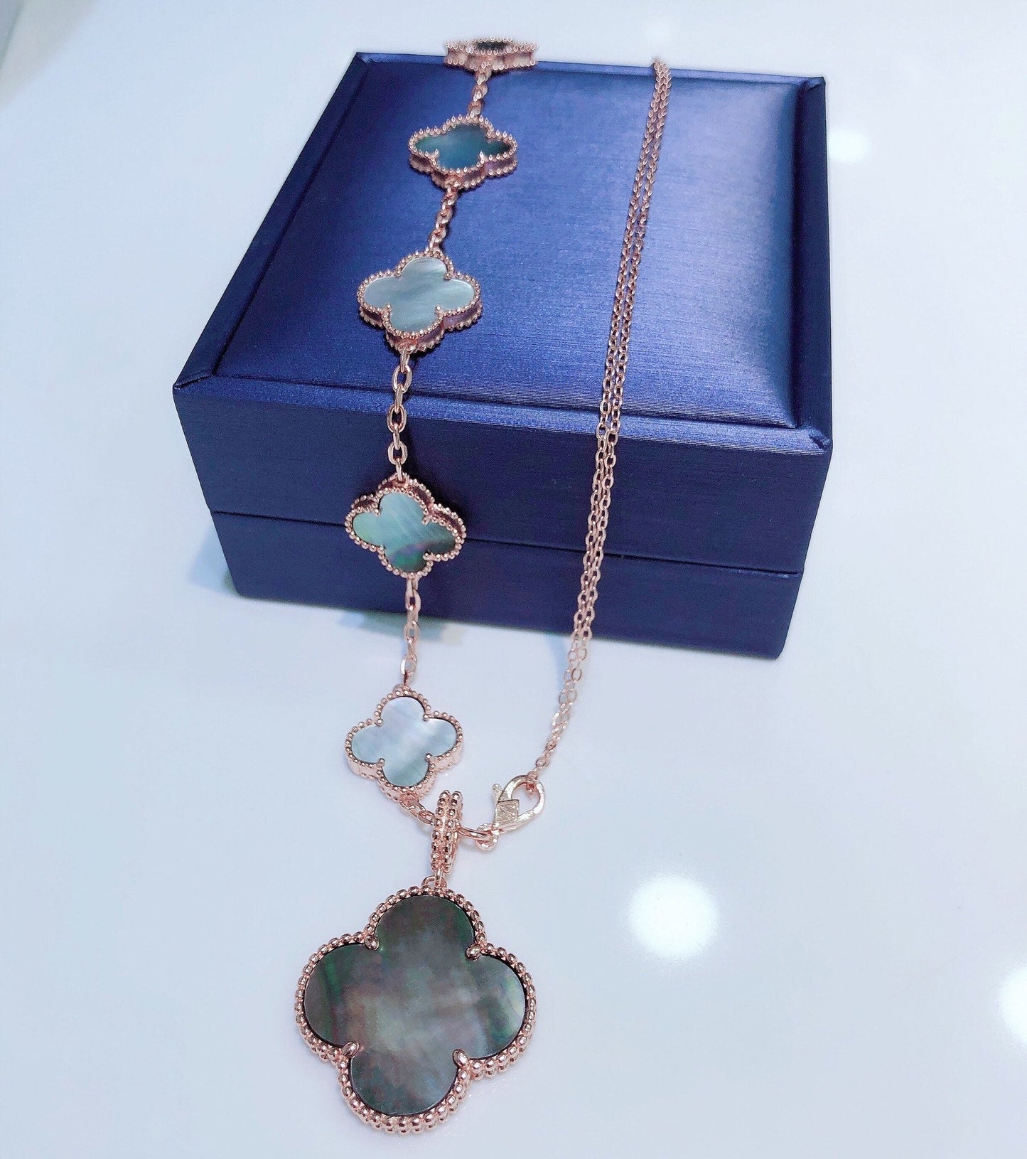 [Elowen Jewels]COMBINED BRACELET 5 MOTIFS AND NECKLACE DARK MOP ROSE GOLD
