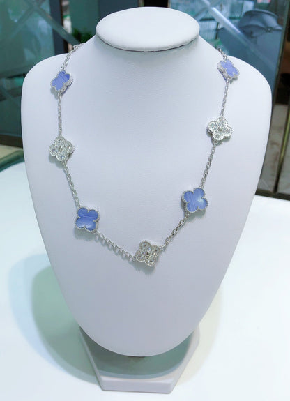 [Elowen Jewels]CLOVER 10 MOTIFS CHALCEDONY DIAMONDS SILVER NECKLACE