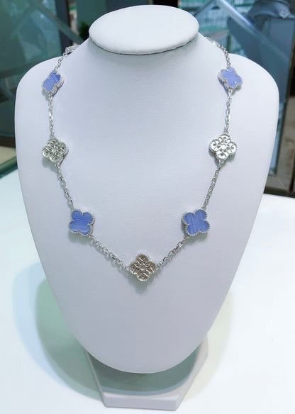 [Elowen Jewels]CLOVER 10 MOTIFS CHALCEDONY DIAMONDS SILVER NECKLACE