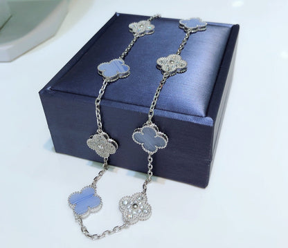 [Elowen Jewels]CLOVER 10 MOTIFS CHALCEDONY DIAMONDS SILVER NECKLACE
