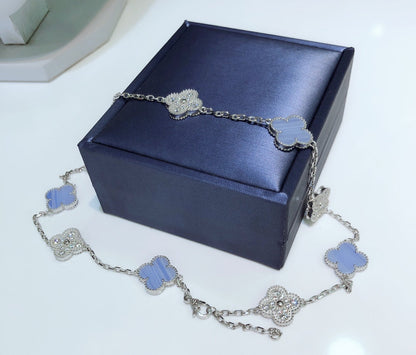[Elowen Jewels]CLOVER 10 MOTIFS CHALCEDONY DIAMONDS SILVER NECKLACE
