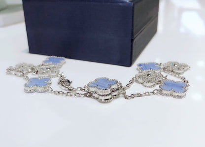 [Elowen Jewels]CLOVER 10 MOTIFS CHALCEDONY DIAMONDS SILVER NECKLACE
