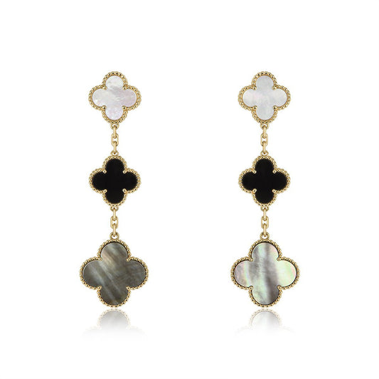 [Elowen Jewels]CLOVER EARRINGS GOLD ONYX MOP 3 MOTIF